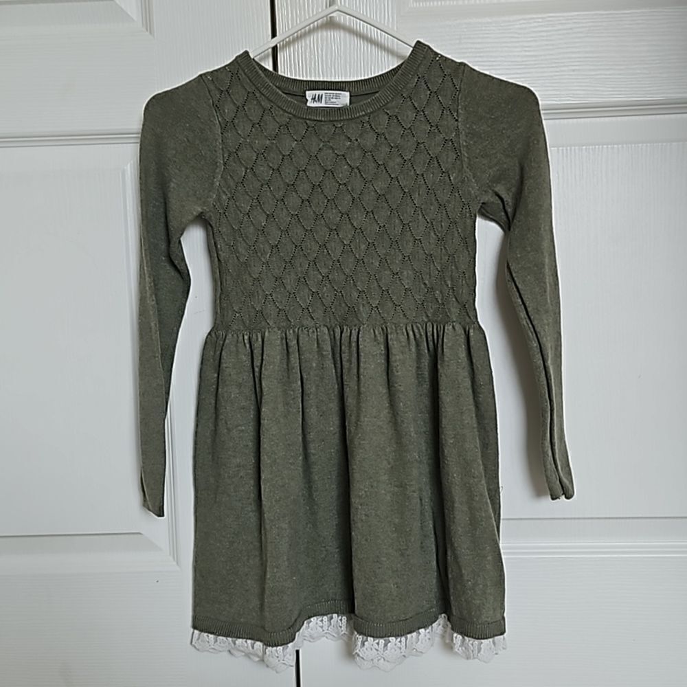 H&M Girl's Knitted Long Sleeves Midi Sweater Dress With Lace Hem 6-7 Olive Green